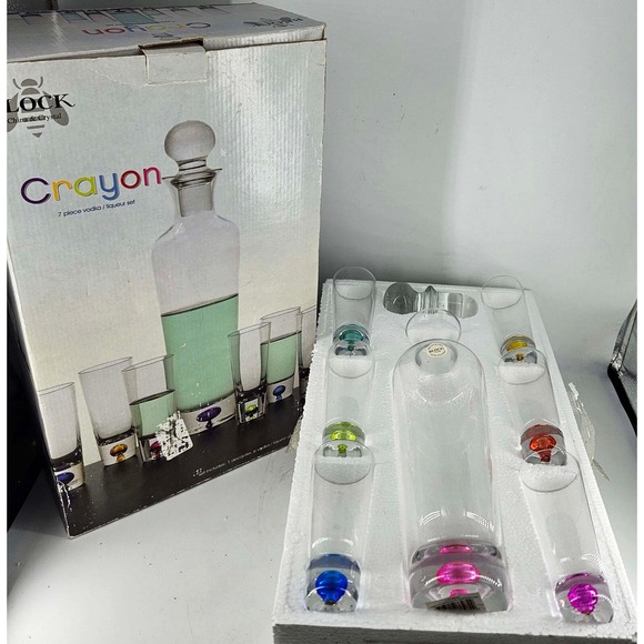 Block Crystal Multicolor Liquor Bar Barware Decanter 6 Cordial Glasses Set - Picture 3 of 3